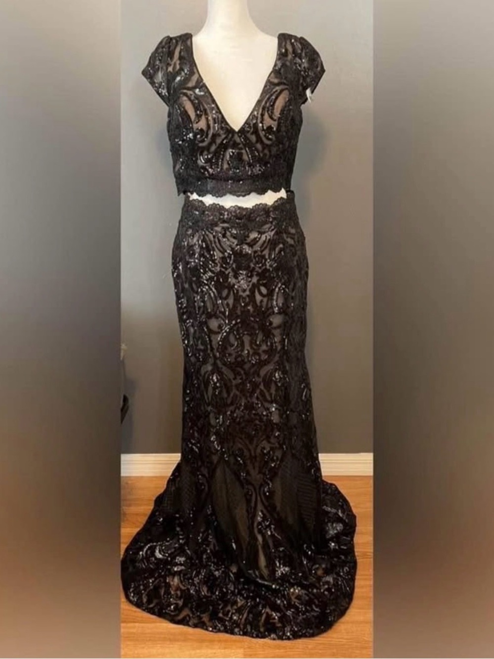 Mon Cheri Black Sequin Two-Piece Evening Gown